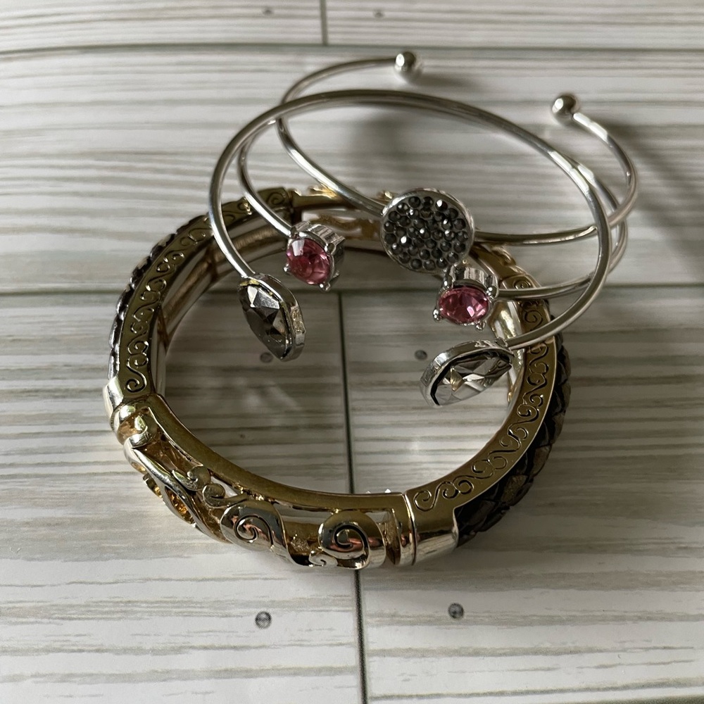 Gold and silver tone adjustable bangles and stretchy bracelet- 4 pcs